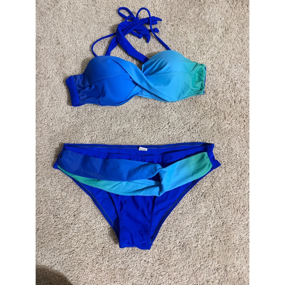 Blue Ombre Halter Bandeau‎ Bikini Set Twisted Front Swimsuit Large